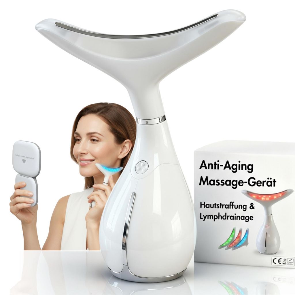 Beauty Deluxe Ultraschall Anti-Aging Gesichts- & Halsmassagegerät mit 3-fach Lichttherapie | Faltenreduktion & Hautstraffung, Lymphdrainage, Face ...