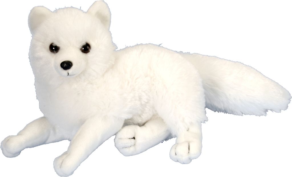 A white plush arctic fox lying down on a white background.