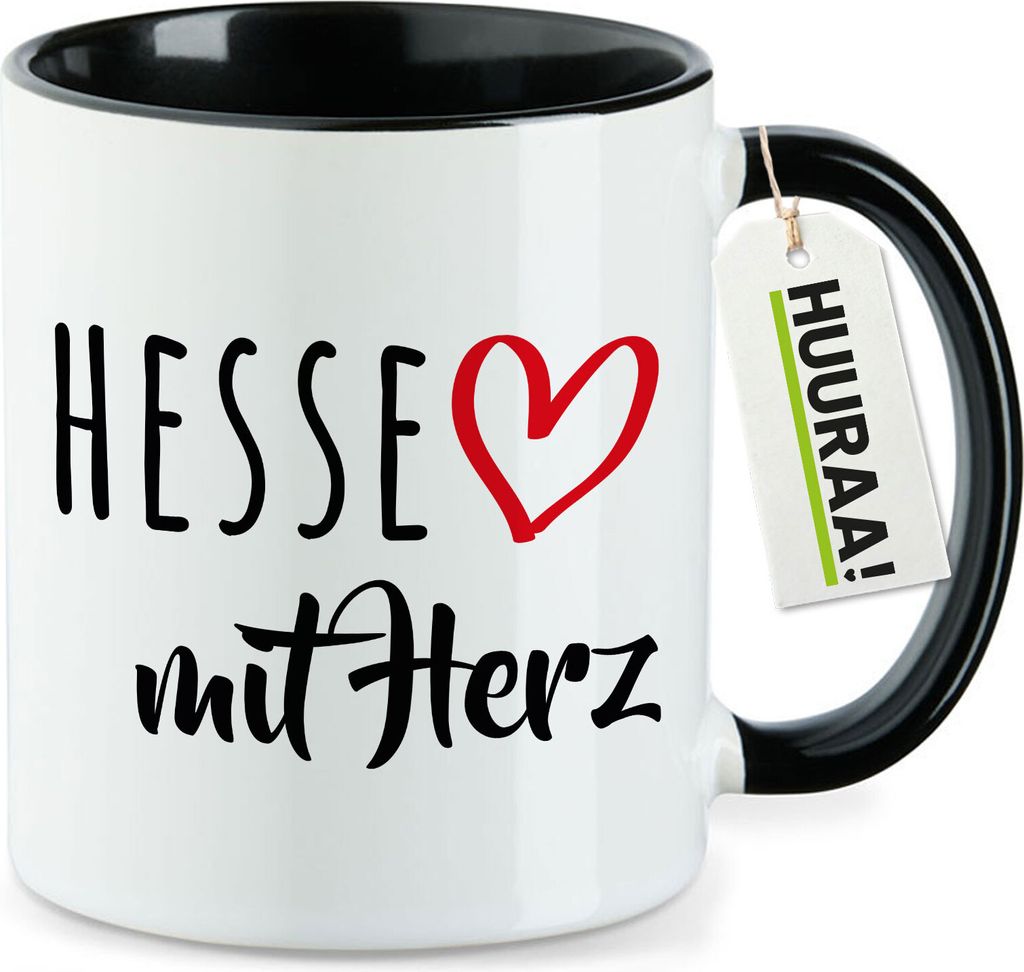 Huuraa Kaffeetasse Hesse mit Herz 330ml Schwarz Keramik Kaffeebecher Geschenkidee
