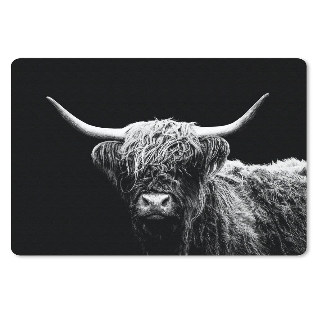 MuchoWow Schreibtischunterlage Schottischer Highlander - Kuh - Schwarz - Weiß - Tiere 60x40 cm - XXL Mauspad - Großes Mauspad