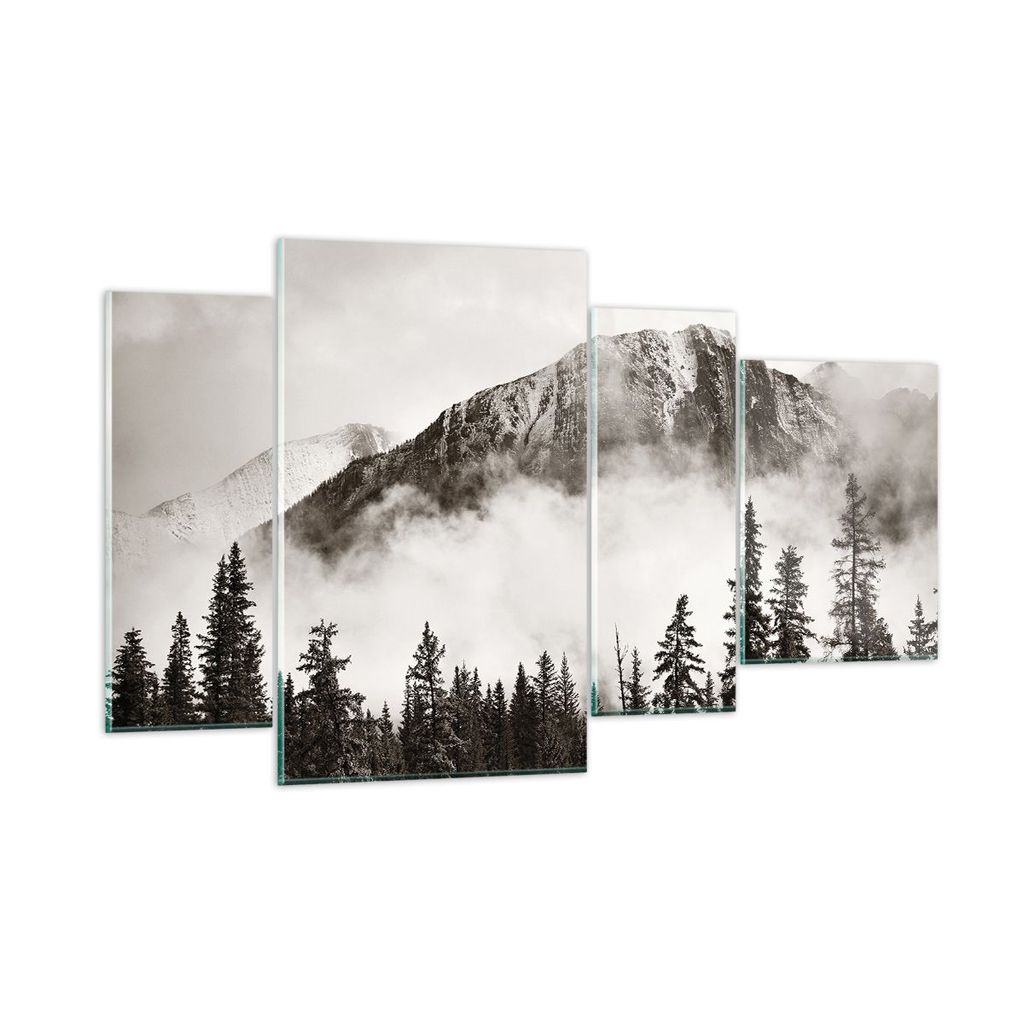 Bilder auf glas - 4 Teile - Nebel Berg Wald - 120x70cm - Glasbilder - Wandbilder - Bilder - zum Aufhängen bereit - Wanddekoration aus Glas - Glas ...