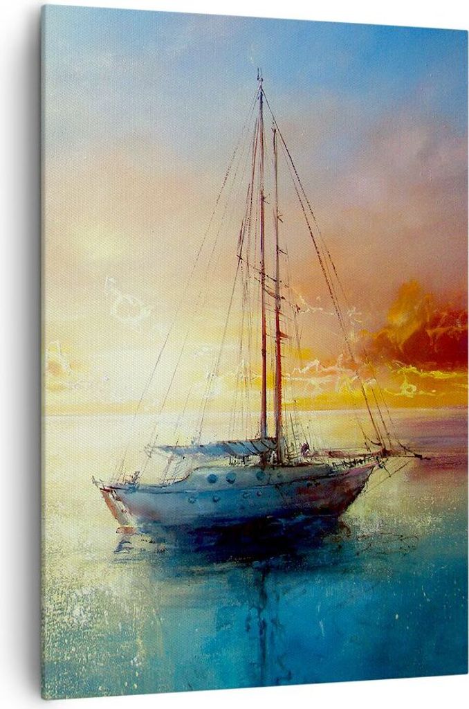 Bild auf Leinwand - Leinwandbild - Einteilig - Segelboot Westen die Sonne - 70x100cm - Wand Bild - Wanddeko - Wandbilder - Leinwanddruck - Wanddeko...