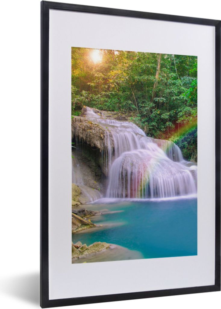 MuchoWow Gerahmtes Poster Regenbogen - Sonne - Wasserfall - Natur 40x60 cm - Poster mit Schwarzem Bilderrahmen Wandposter Rahmen Foto Bilder - Po...