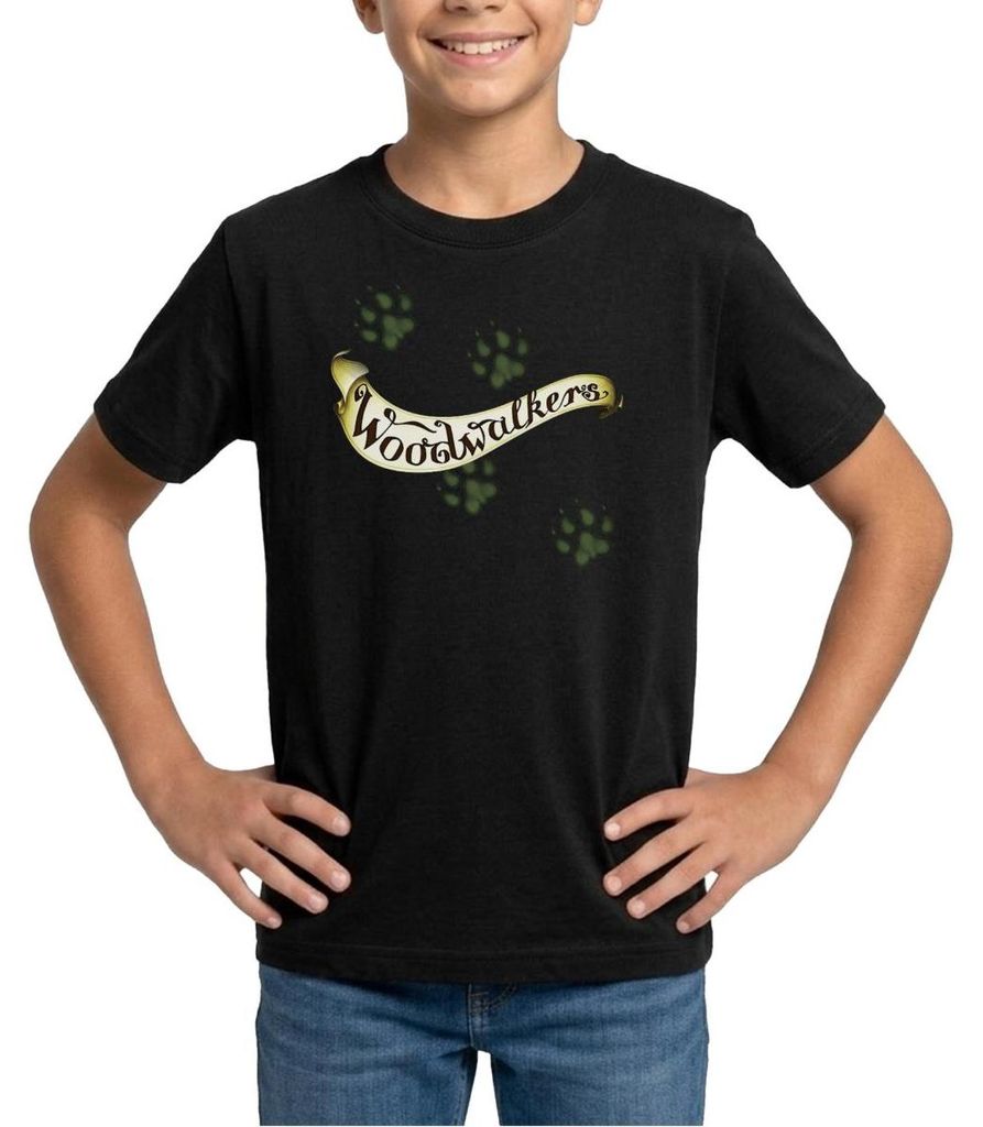 Spreadshirt Woodwalkers Logo-Schriftzug Und Pfotenabdrücken Teenager T-Shirt, 152/164 (12-14 Jahre), Schwarz