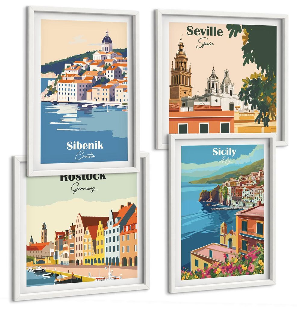 Bilder Set 4-teilig im weißen Rahmen – Wandbilder 4 Stück – gerahmte Poster für Wohnzimmer, Schlafzimmer und Flur – 50x50 cm - 40x60 cm ...