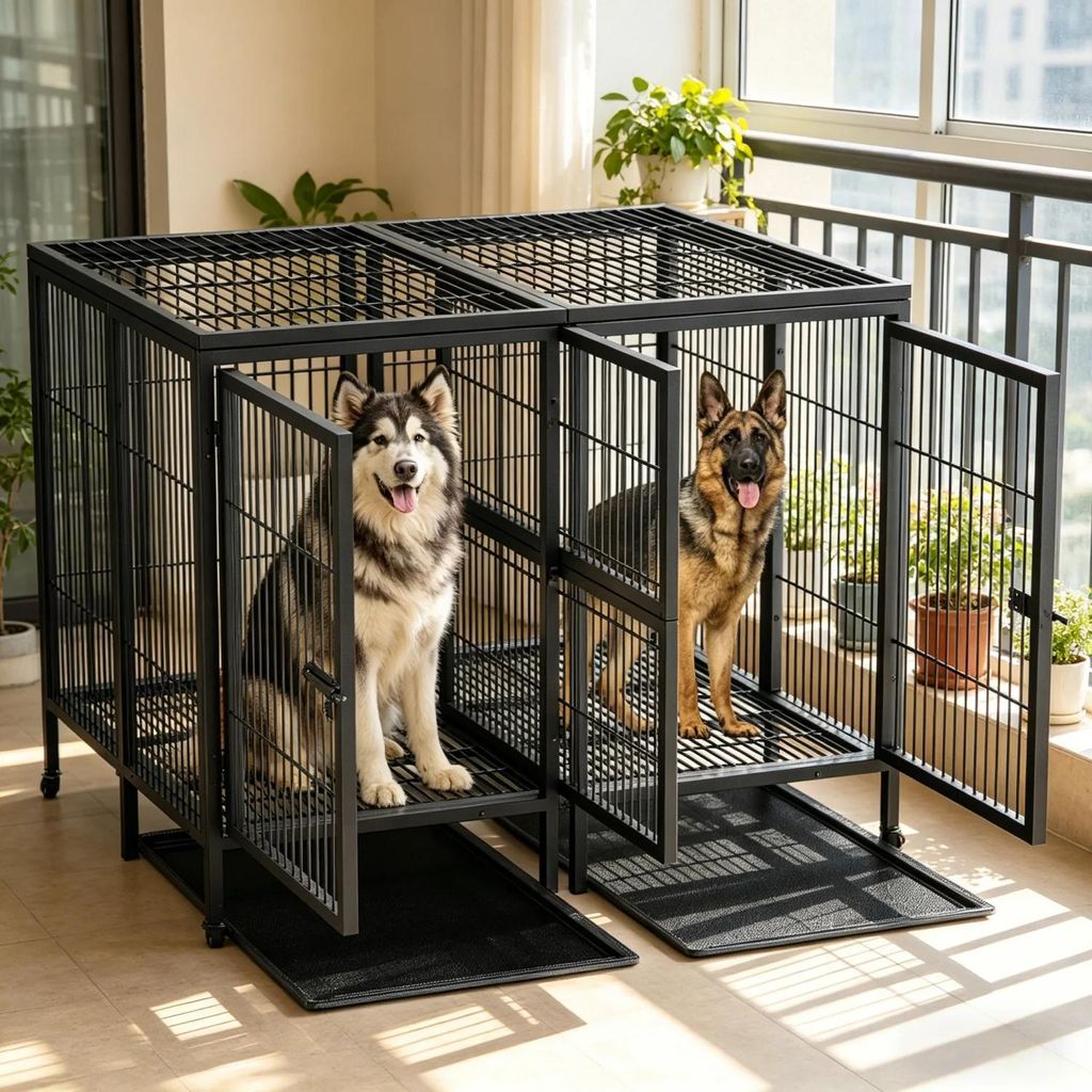 XXXL Hundekäfig - Metall Hundebox - Extra Stabil Erhöht - Mit Trennwand Für 2 Hunde - Doppeltür Mit Herausziehbarer Bodenwanne - Schwarz