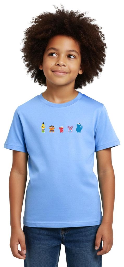 Spreadshirt Sesamstraße Pixel Charaktere Kinder T-Shirt, 110/116 (5-6 Jahre), Himmelblau