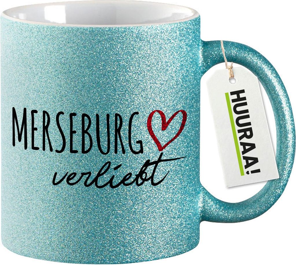 Huuraa Glitzertasse Merseburg verliebt 330ml Blau Keramik Kaffeebecher Geschenkidee
