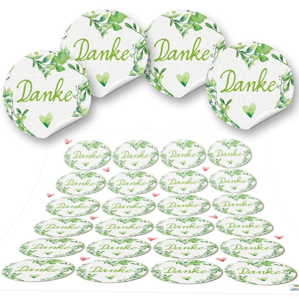 Logbuch-Verlag 24 Aufkleber rund grün hellgrün weiß DANKE Herz 4 cm Geschenkaufkleber Etiketten Sticker - Hochzeit Taufe Kommunion Geburtstag Ga...