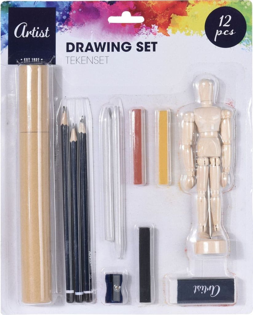 Bleistift Zeichenset 12 Teile, Kunstbedarf Skizzieren Farben und Holzpuppe zum Ausmalen