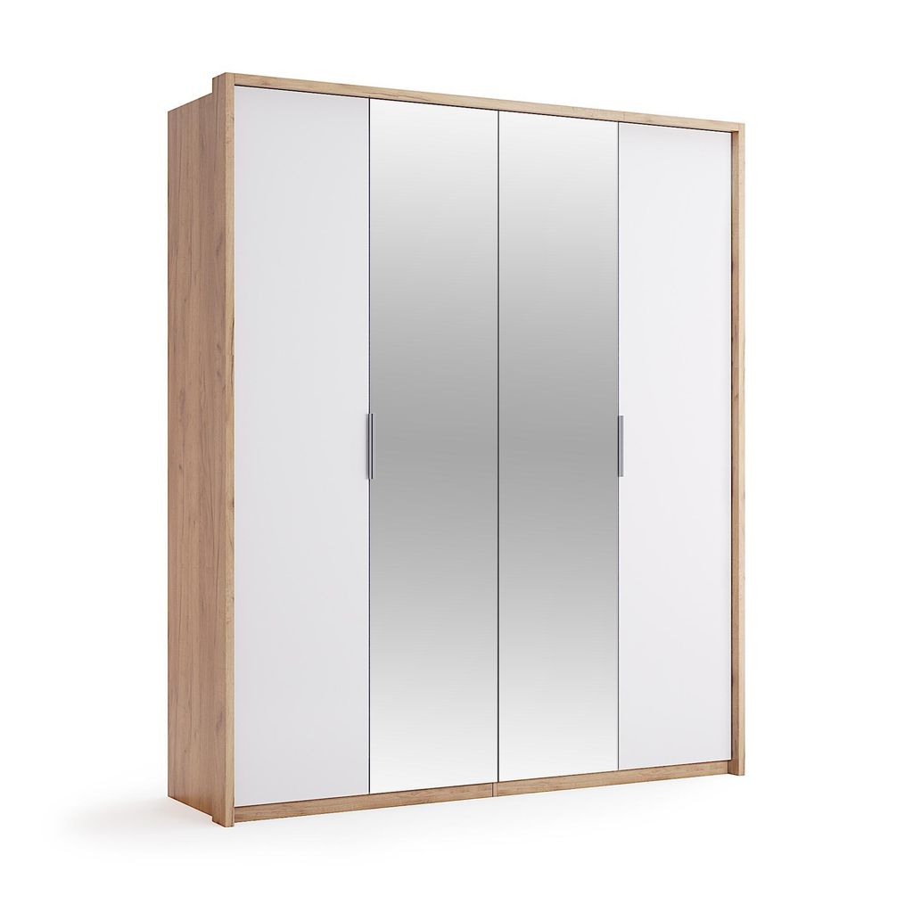 4-türiger Kleiderschrank Weiß Hochglanz / Dąb Craft mit Spiegel – 1850 × 2134 × 590 mm