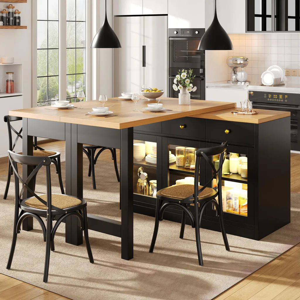 Îlot de cuisine à LED avec 3 tiroirs et vitrine, extensible noir
