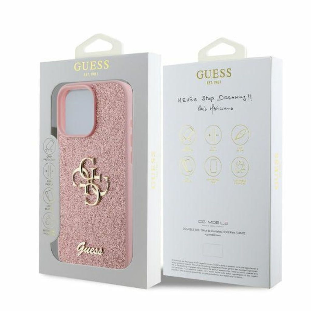 A product package for a pink glitter phone case with a gold Guess logo.