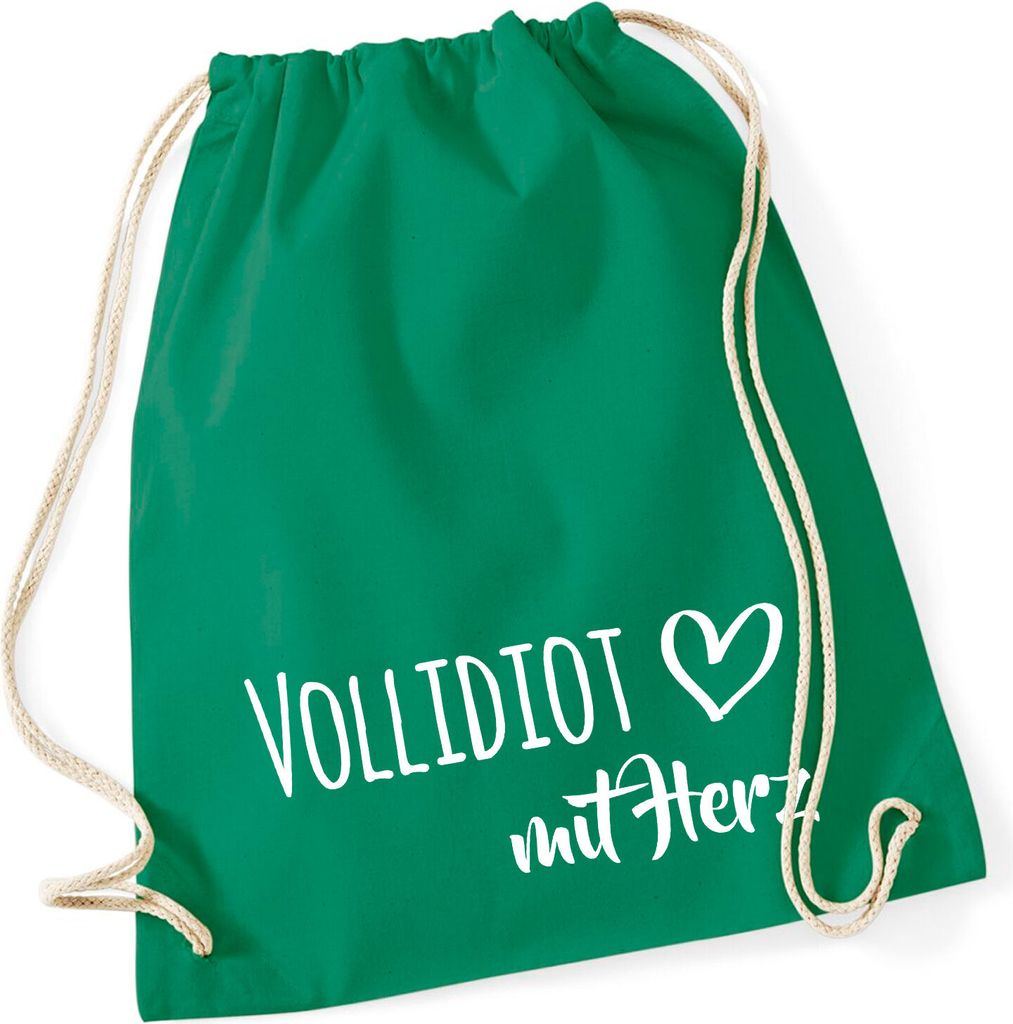 Huuraa Turnbeutel Vollidiot mit Herz 12 Liter Kelly Green Baumwolle Rucksack Geschenkidee