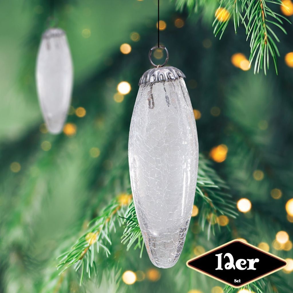 Christbaumkugelset in Zapfen-Form, 12er Set|Glas, weiß, krakeliert |H14,5xB5,0cm