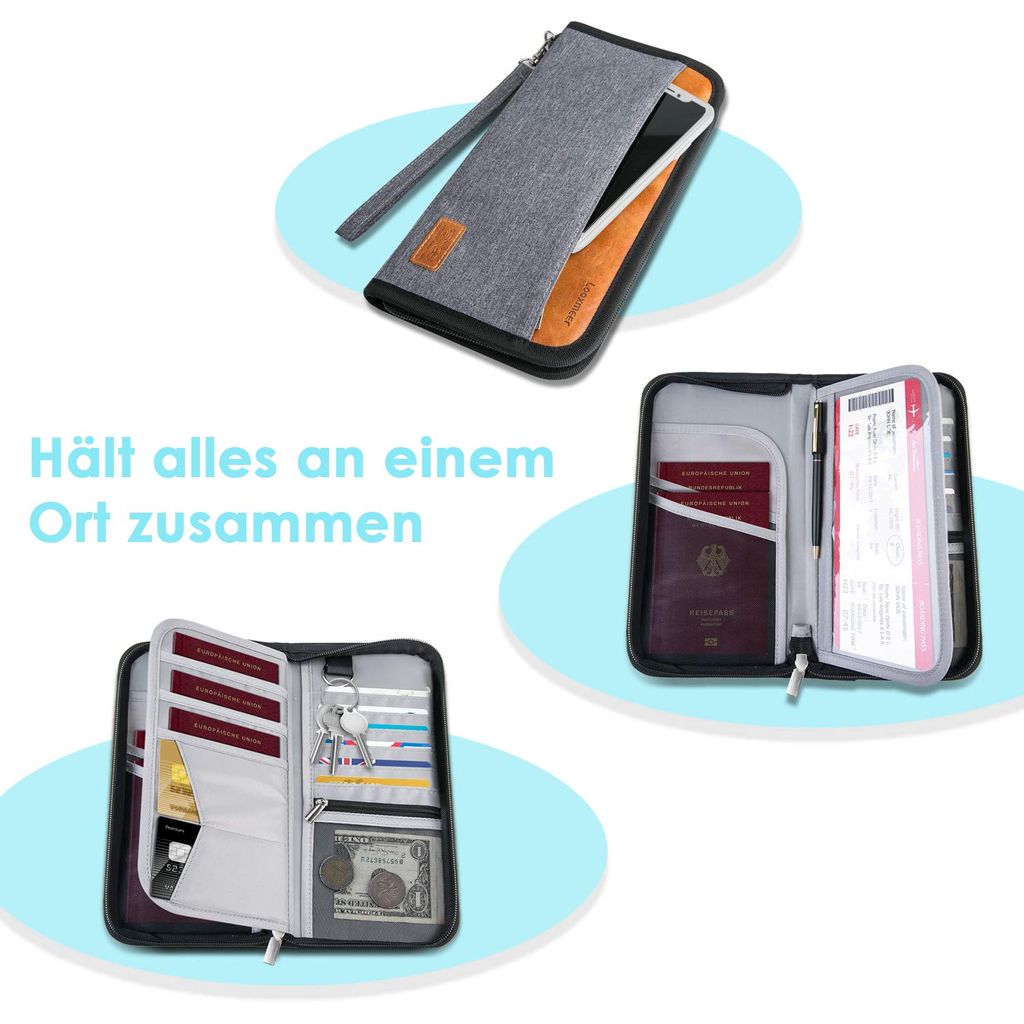 Grau Reisepass Tasche Flugtickets Reisezubehör für Männer Frauen Kreditkarten WisFox Tragbar Reisepass Inhabers & Organizer Wallet mit RFID-Sperrdokument für Pässe Ausweise 
