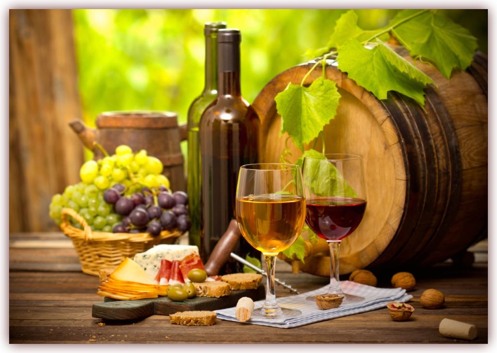 XXL Poster 100 x 70cm (F-223) Wein mit Weintrauben Weinfass Oliven und rustikaler Tisch (Lieferung gerollt!)