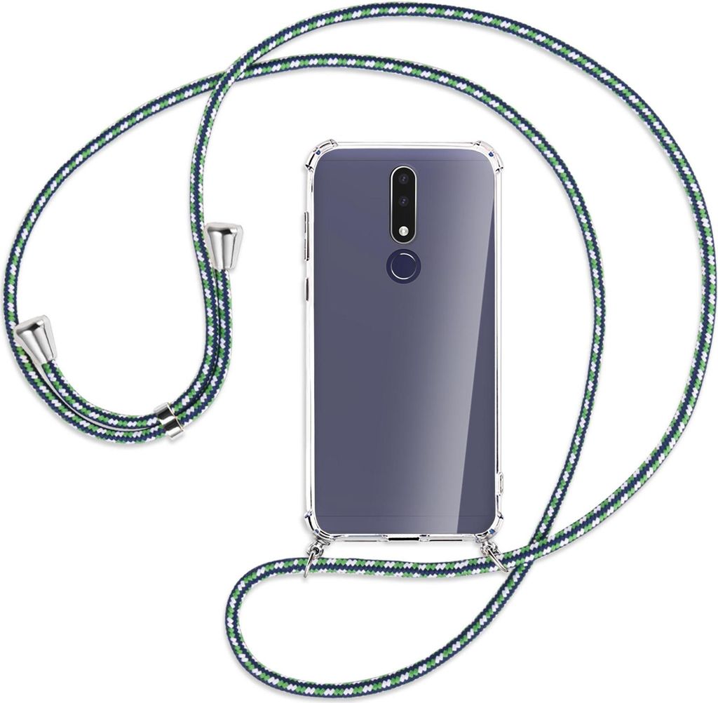 Handykette Backcover-Schutzhülle mit Band (Metall silberfarben) für Nokia 3.1 Plus - grün/blau/weiß