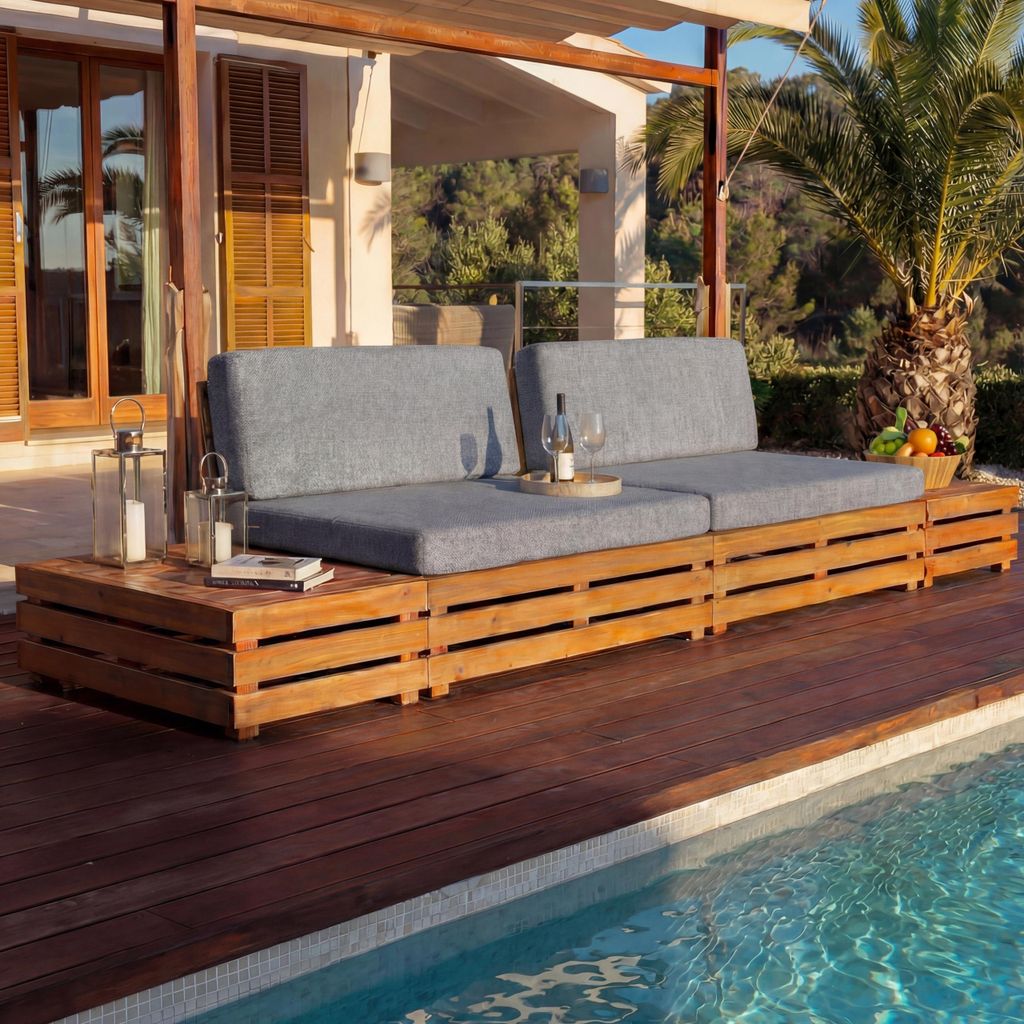 Garten-Garnitur MCW-L28, Lounge-Set Sitzgruppe Lounge-Sessel Sofa, Spun Poly Akazie Holz MVG Polster dunkelgrau
