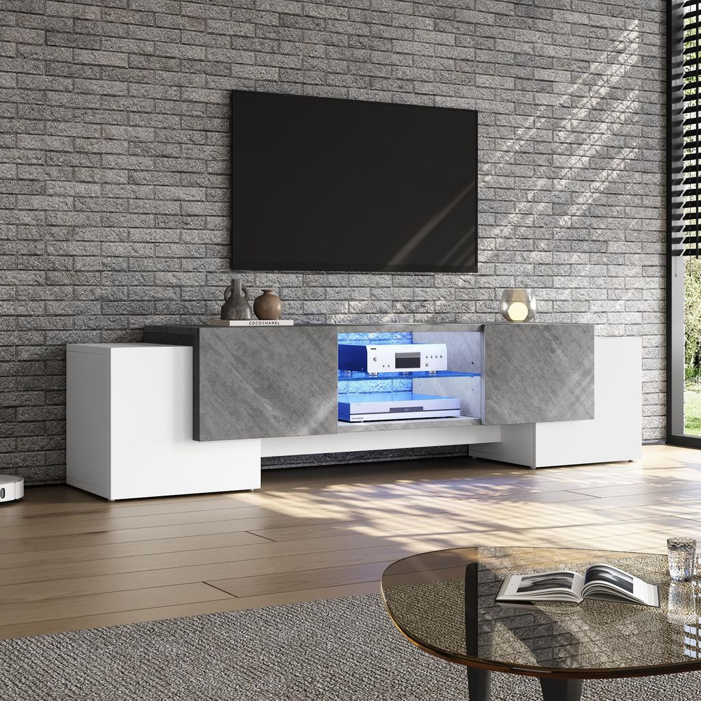 MODFU TV-Schränke Lowboard für Fernseher bis 70 Zoll,mit Lowboard-Design,TV-Sideboard mit Aufbewahrung,Weiß-Grau