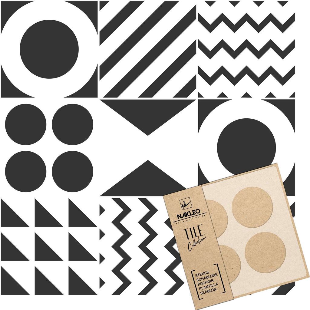 Tile Fliesen Schablone zum Malen 6 Stück Set 45x45 cm, Tarouca Abstrakte Geometrie Modern, Kunststoff Wiederverwendbare Bodenschablone DIY