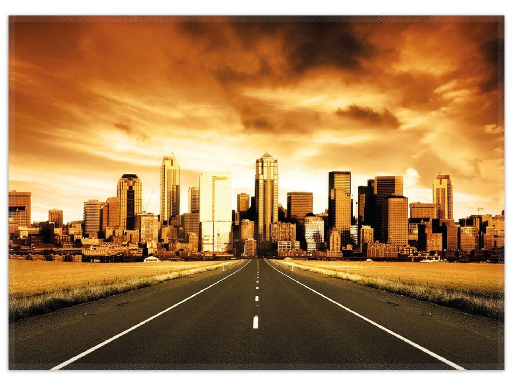 Wallario Premium Teppich, Größe 50 x 70 cm, Skyline am Ende der Straße