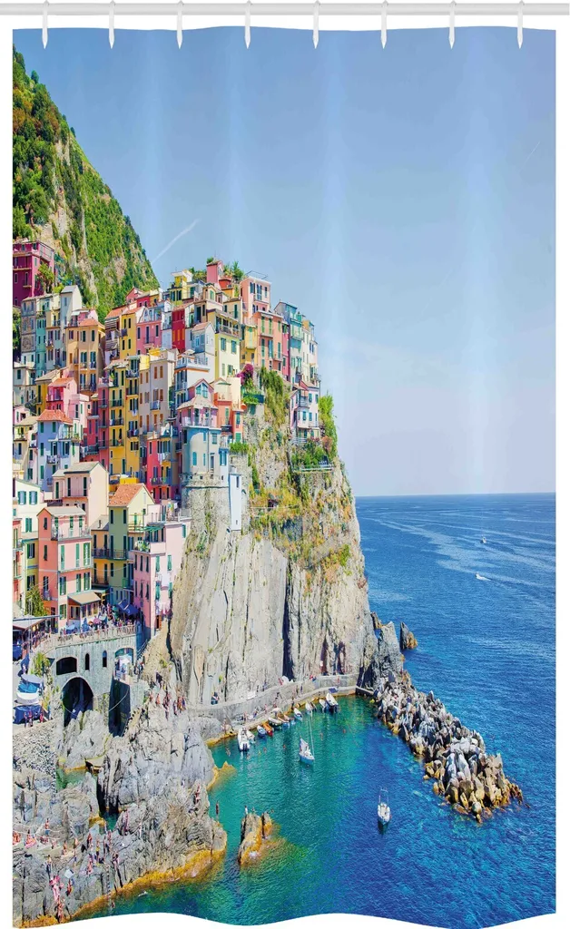 ABAKUHAUS Vernazza Tenda da doccia stretta, Villaggio costiero colorato, Set decorativo per bagno in tessuto con ganci, 120 x 180 cm, Multicolore