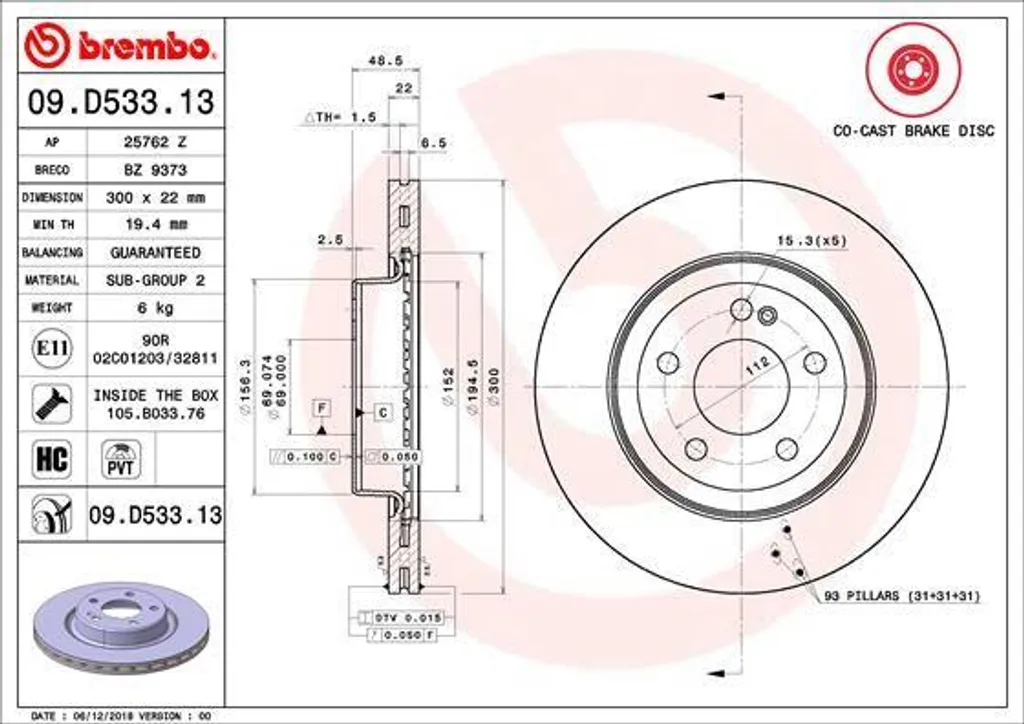 Disque de frein Brembo 09.D533.13 avec revêtement UV pour Classe C E