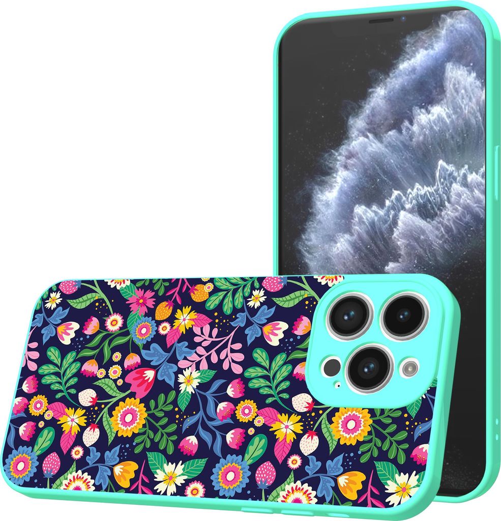 Smartphonica Handyhülle Passend für iPhone 11 Pro Max mit Blumendruck - TPU Back Cover Case Blumendesign - Türkis
