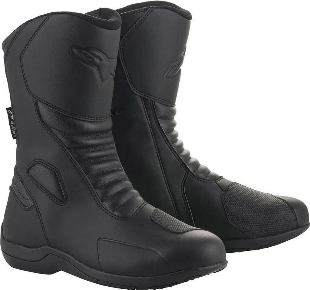 A pair of black motorcycle boots.