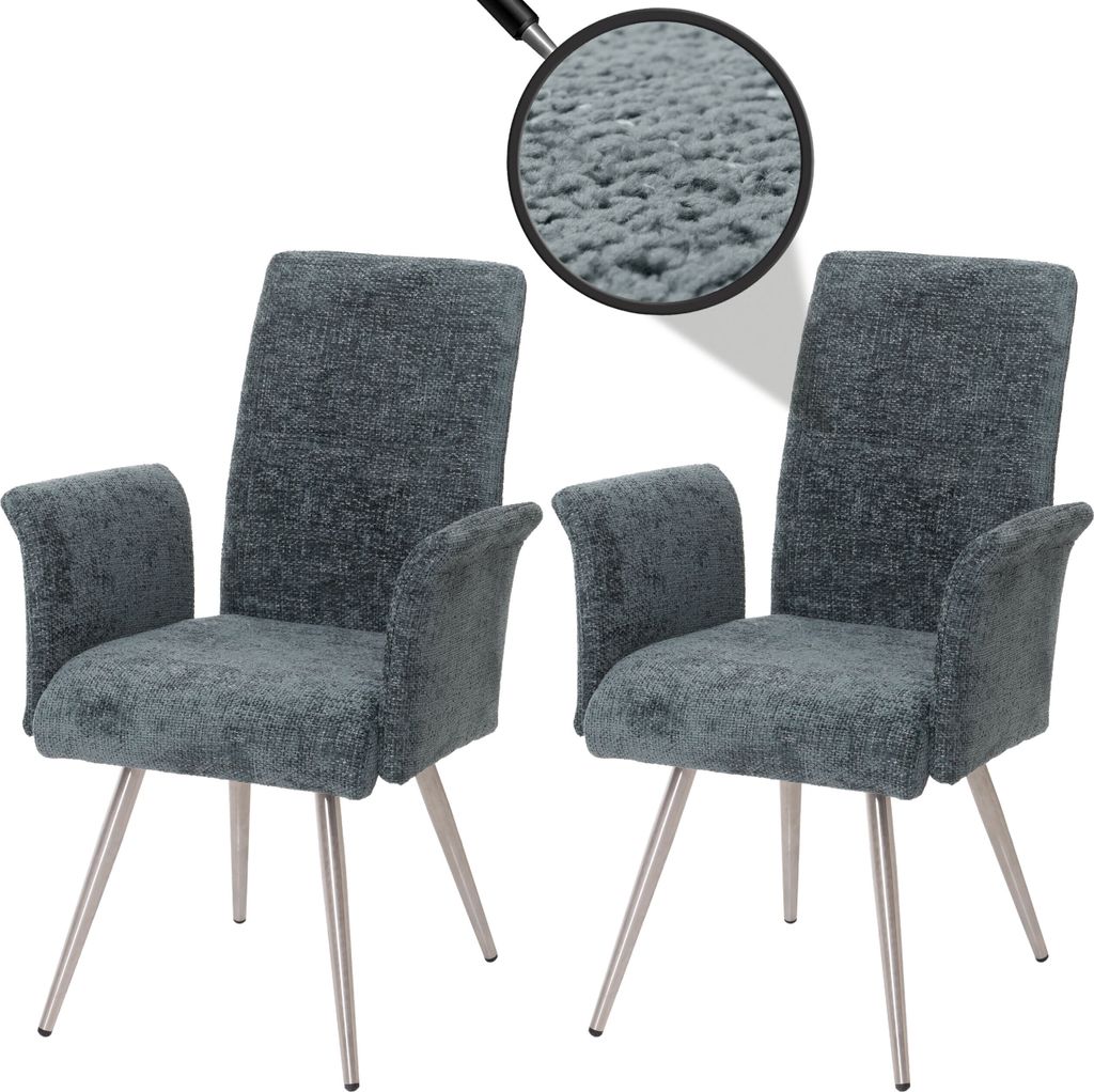 2er-Set Esszimmerstuhl HWC-G55, Stuhl mit Armlehne, Edelstahl gebürstet Stoff/Textil Chenille blau-grün