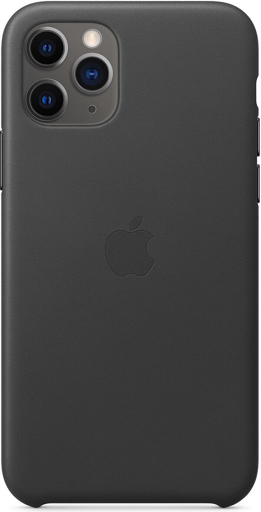 The back of a black iPhone 11 Pro case with the Apple logo embossed in the center.