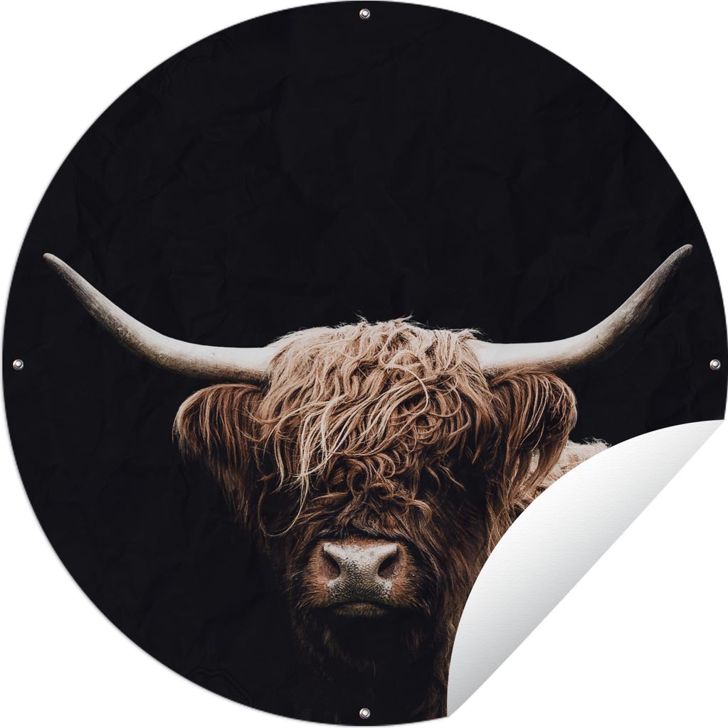 MuchoWow Gartenposter Outdoor-Poster Rund Schottischer Highlander - Schwarz - Horn Ø 90 cm Gartendeko Rundes Poster draußen