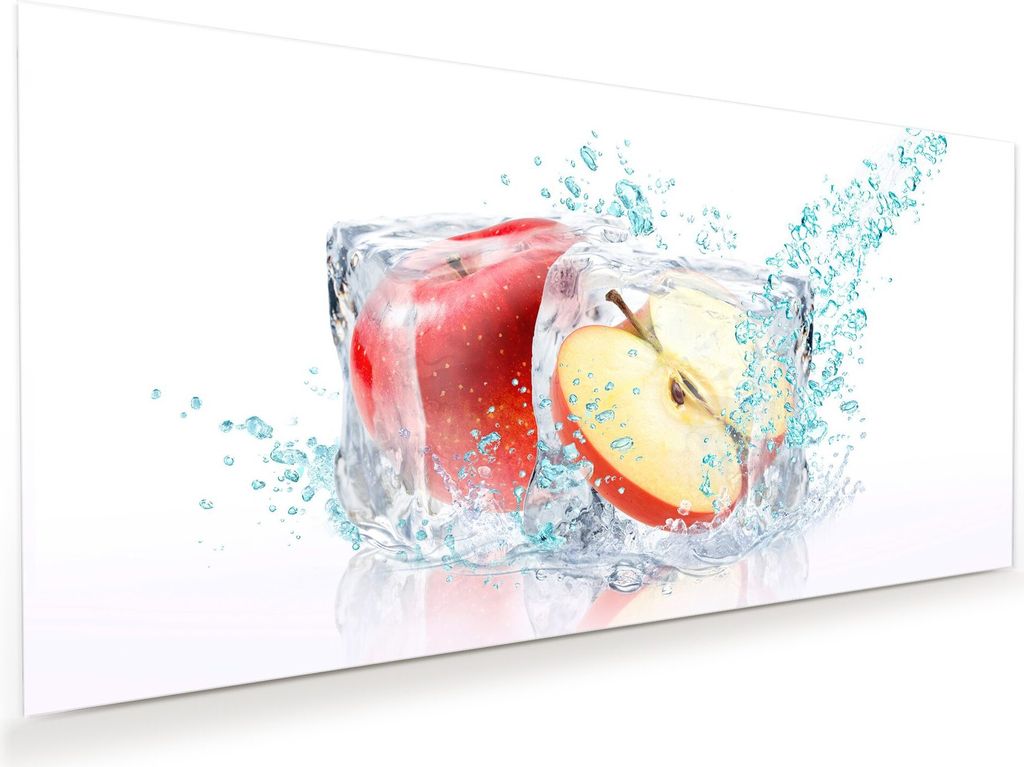 Glasbild Wandbild Apfel in Eiswürfelsplash 110x55cm in XXL für Wohnzimmer, Schlafzimmer, Badezimmer, Flur