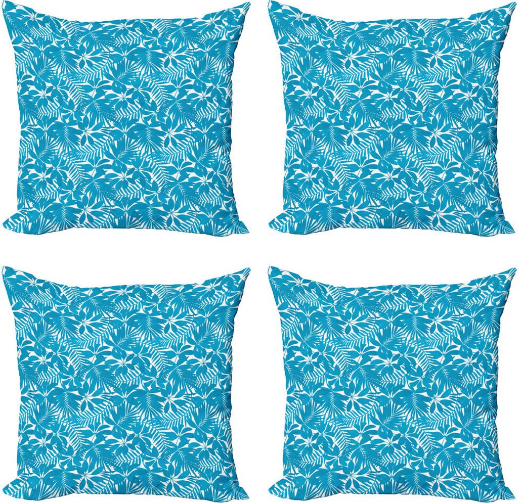ABAKUHAUS Wasser Kissenbezug Set (4 Stück), Hawaii-Bäume Laub, Moderner Doppelseitiger Digitaldruck, 45 cm x 45 cm, Blau Weiss