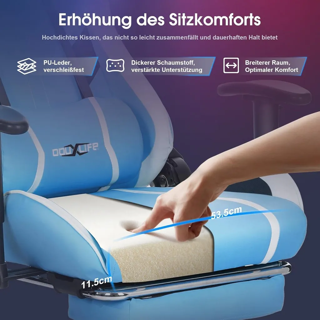 Chaise gaming massante 7 points et repose-pieds escamotable Bleu 180KG - 6