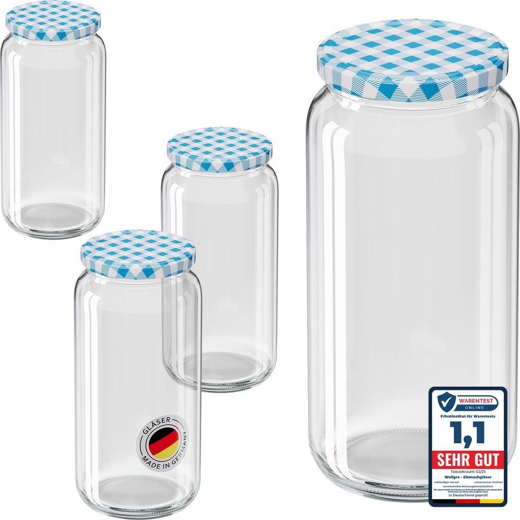 6x WELLGRO Einmachgläser 1045ml – Schraubdeckel TO82 Rundglas