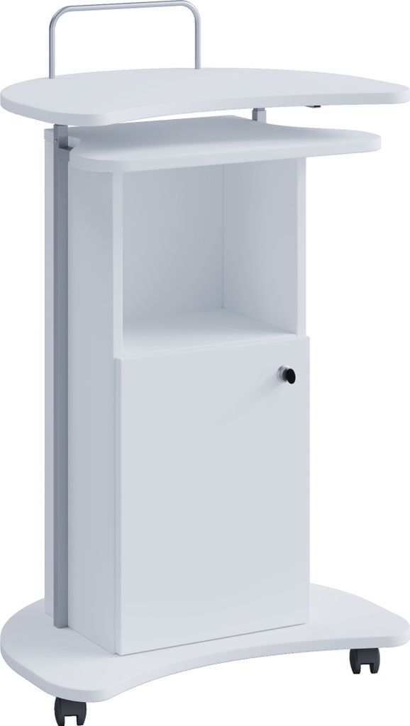 A white mobile lectern on a white background.
