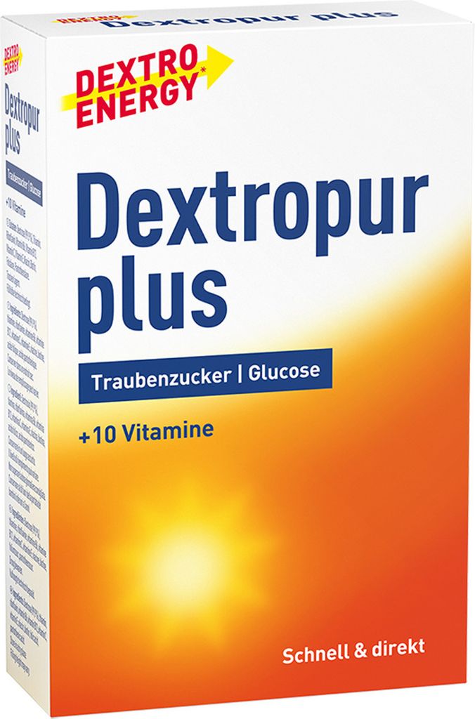The image shows the front packaging of Dextropur Plus, a product containing glucose and vitamins.