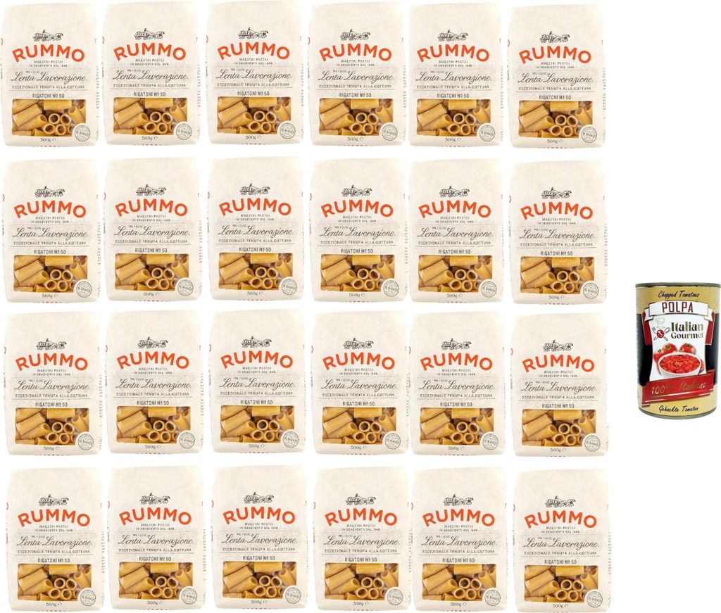 Rummo Rigatoni No.50 Pasta 24x500g | Hartweizengrieß, al bronzo – langsam getrocknet, extra bissfest – Kurzpasta für Ofen & Sugo, Vorratspack...
