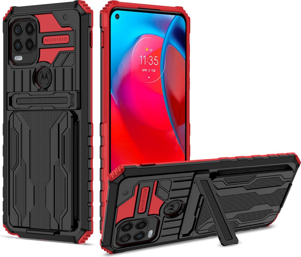 Moto G Stylus 5G Hülle, Hybrid Robust Schutz Stoßfest Schutzhülle mit Kartenhalter Ständer für Motorola Moto G Stylus 5G Rot