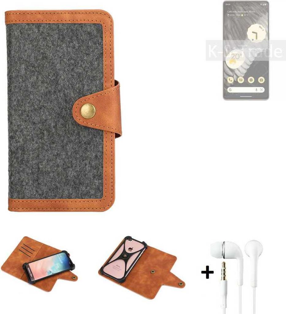 K-S-Trade Handyhülle + Kopfhörer kompatibel mit Google Pixel 7 Pro Schutzhülle Filzhülle Kunstleder dunkelgrau braun (1x)