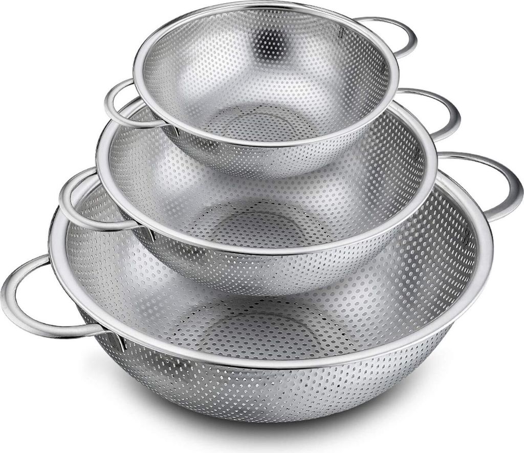 3er-Set mikroperforierte Küchensiebe aus Edelstahl mit Griffen, geeignet für Nudeln, Obst, Reis und Gemüse. Gesund, hochglanzpoliert und spülma...