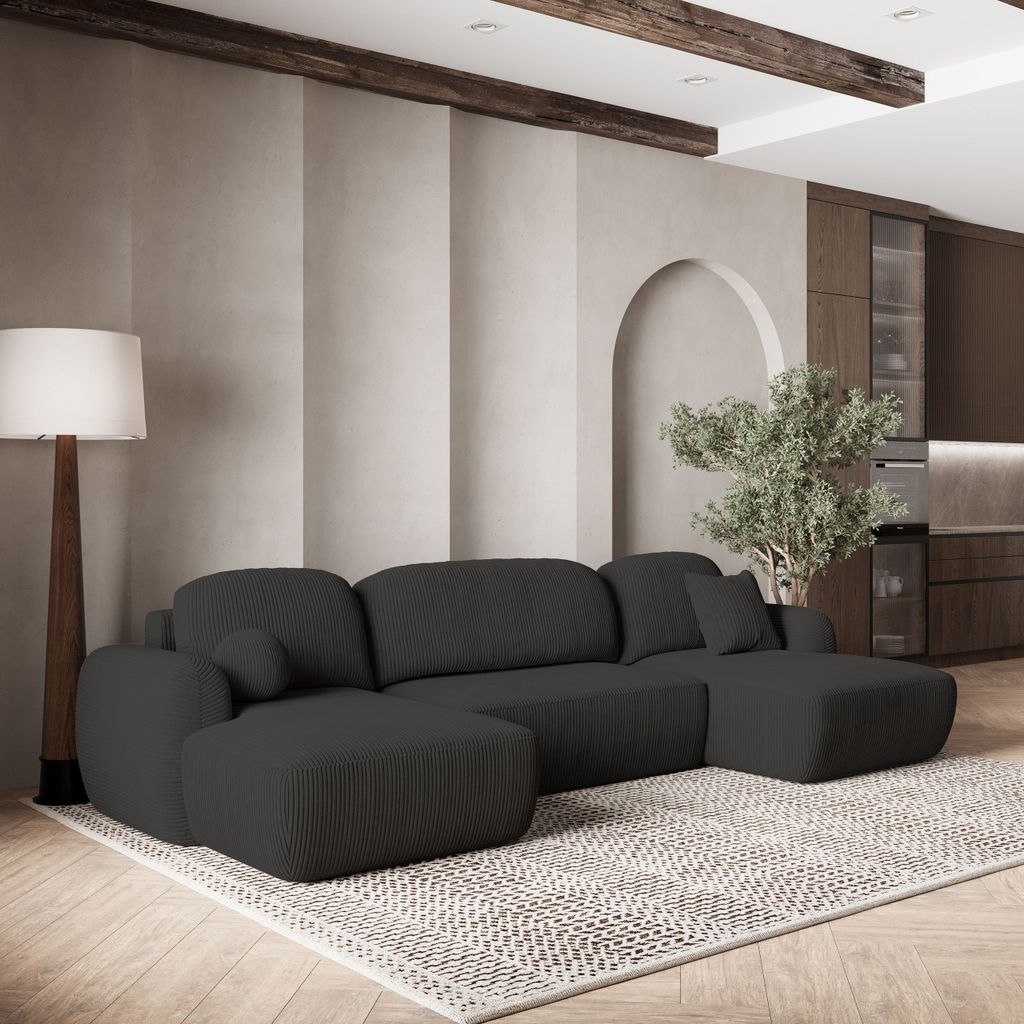 Masseno Ecksofa SAVONA P mit Schlaffunktion U-Form, Sofa mit Bettkasten, Wohnzimmersofa, Couch, Soffa, Bettsofa, Couchgarnitur- Schwarz, POSO 135
