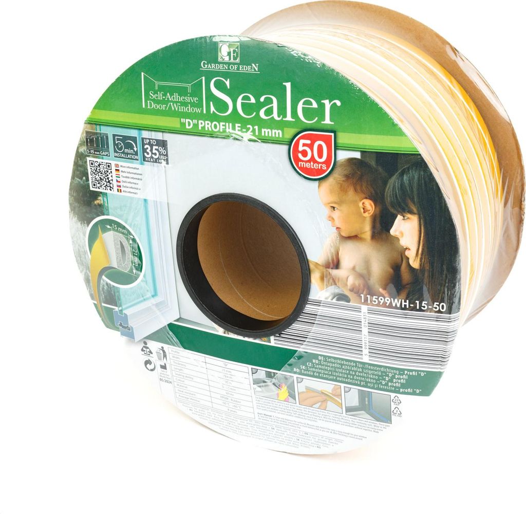 Selbstklebende Tür- und Fensterdichtung auf Rolle – D-Profil – Weiß – 50 Meter (2 × 25 m) – Für Spalten von 5–15 mm – EPDM-Kautschu...