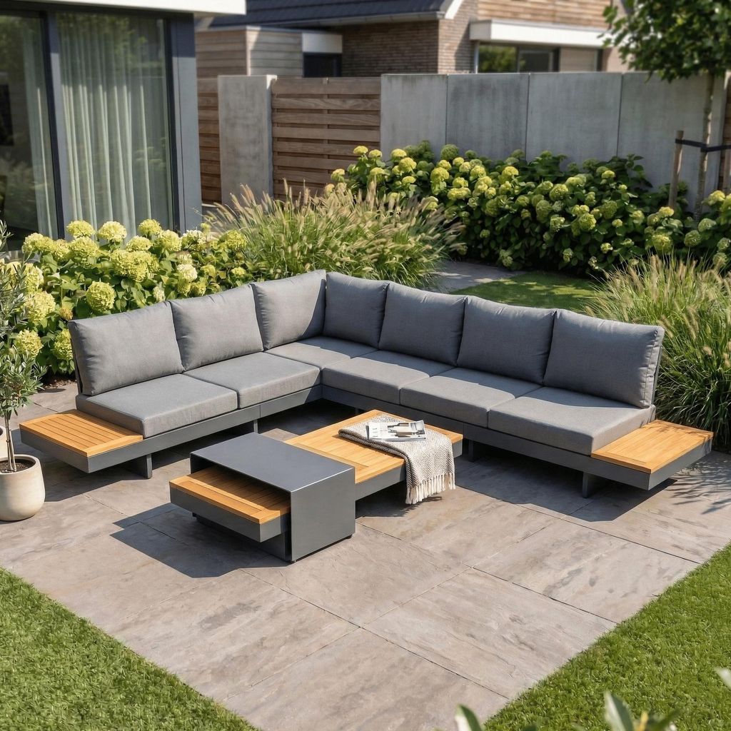 Gartenlounge Premium Barbados Ecksofa verstellbares Gartenset 6-Sitzer Aluminium/Holz – 43171PT