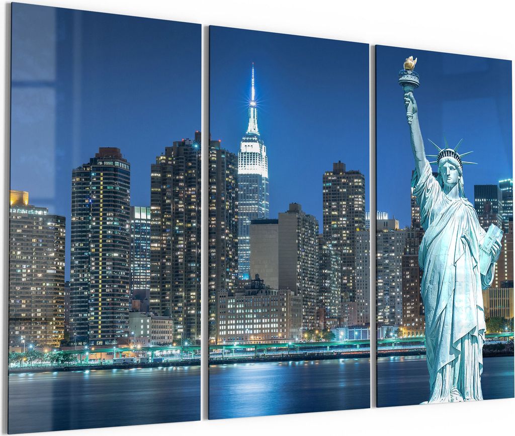 DEQORI Glasbilder Acryl 3x50x100 cm 'Freiheitsstatue abends' Wandbilder XXL groß