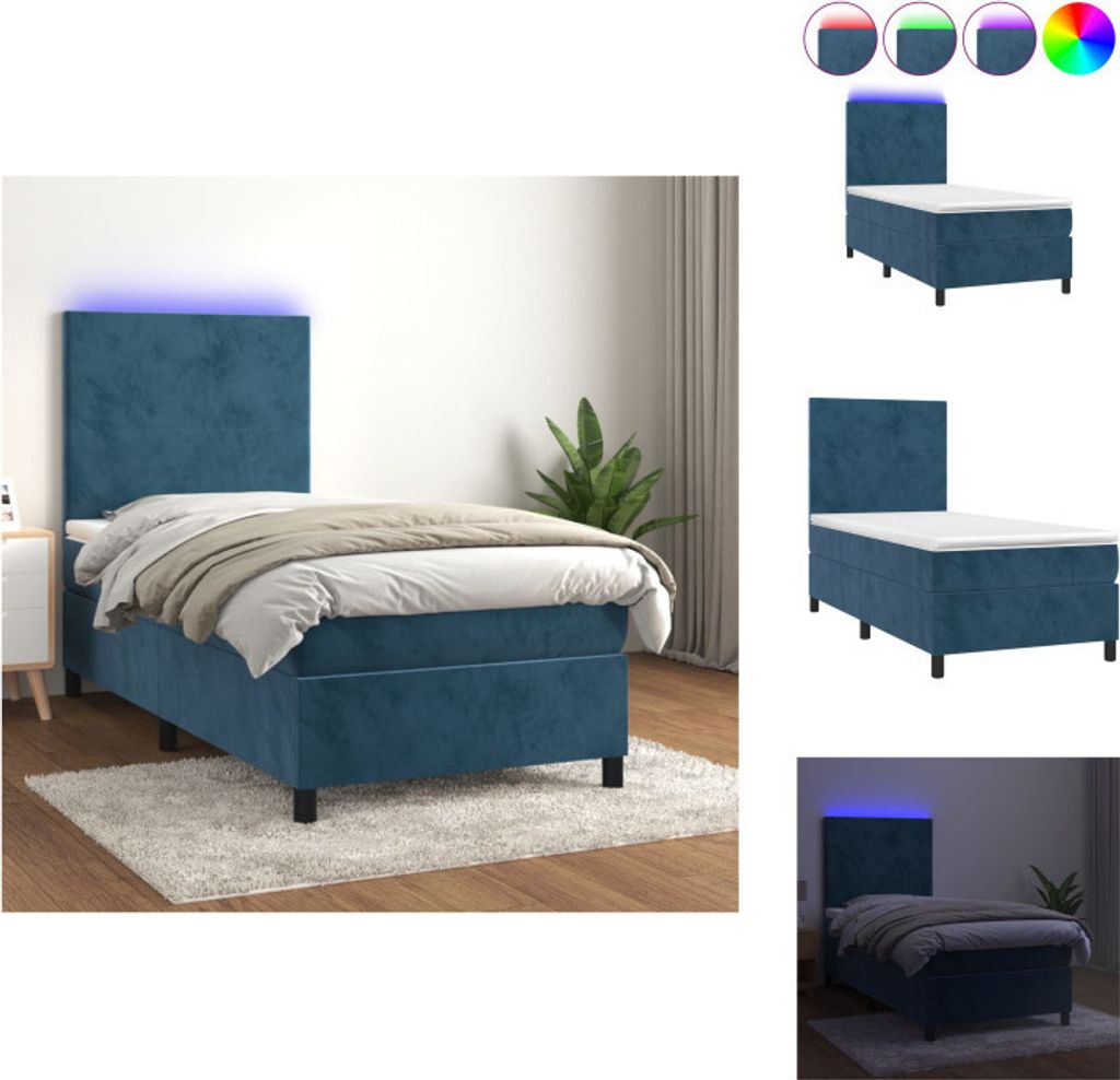 vidaXL Boxspringbett mit Matratze & LED Dunkelblau 100x200 cm Samt - Betten & Bettgestelle
