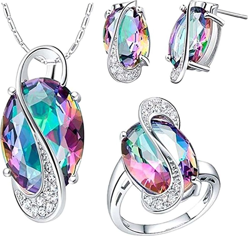Mode Frauen Regenbogen Faux Topas Anhänger Halskette Ohrringe Ring Schmuck-Set-Mehrfarbig,US 7