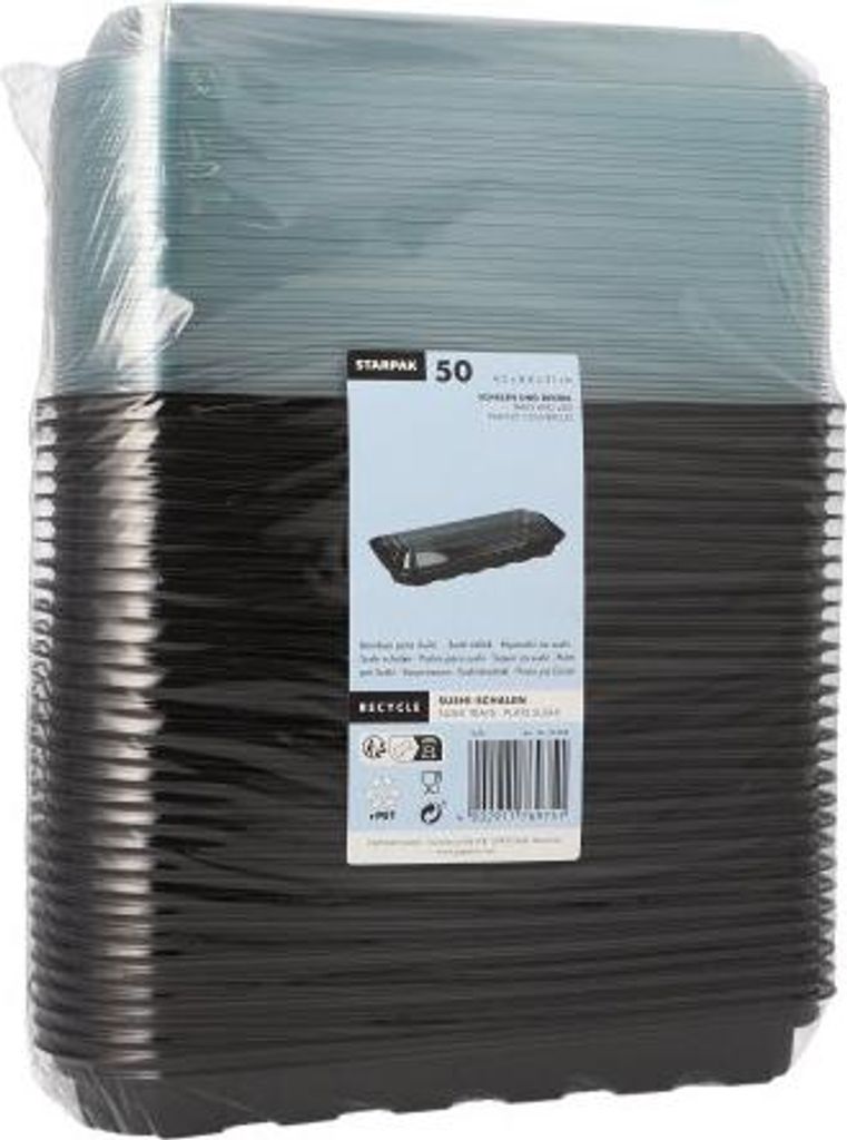 1000 Sushi-Schalen R-PET rechteckig 21 cm x 8,8 cm x 4,3 cm schwarz mit transparentem Deckel